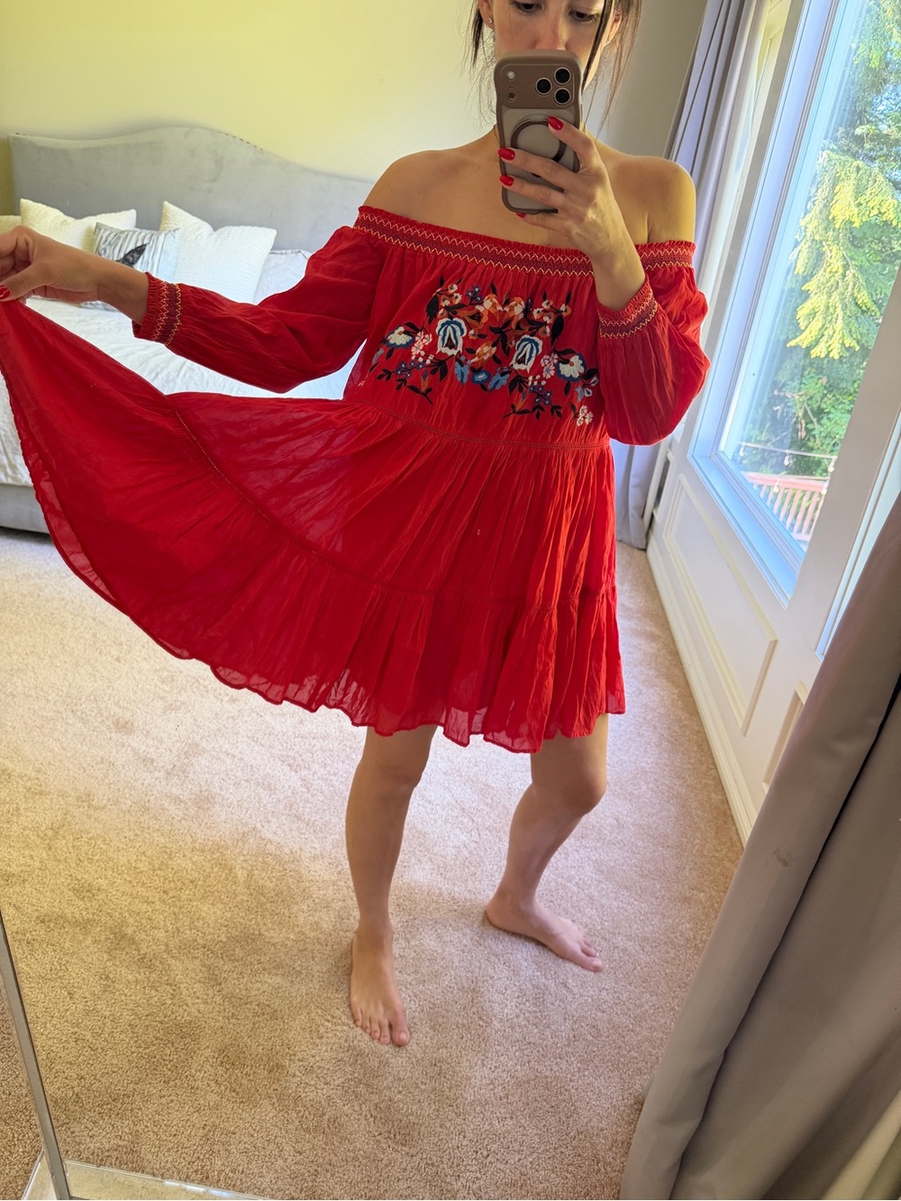Free People Red Off-Shoulder Embroidered Dress